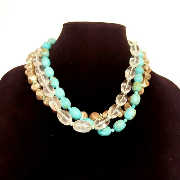 Vintage Chicos Chunky Multistrand Necklace With Faux Turquoise & Quartz Beads - Picture 1 of 5